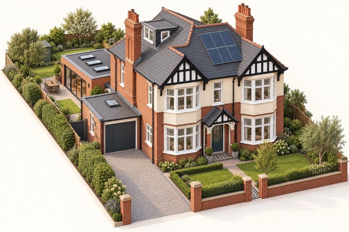 Illustration of a house from the front, showing a porch, garage, side extension, front dormer and rear extension