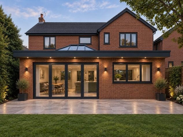 Design visualisation of a full-width brick rear extension with a roof lantern and bi-fold doors