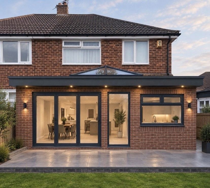 Design visualisation of a brick flat-roof rear extension with a central roof lantern and bi-fold doors