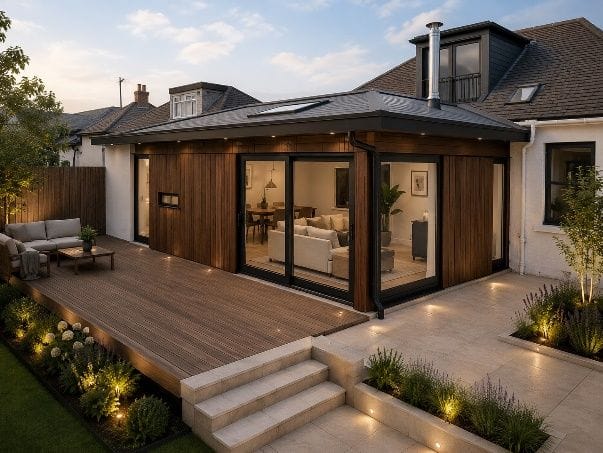 Design visualisation of a timber-clad rear extension with corner glazing and a hipped roof