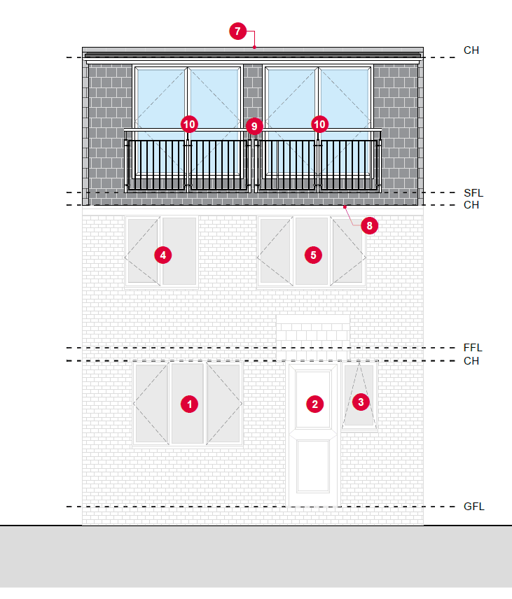 Proposed rear elevation drawing showing a full-width dormer with Juliet balconies