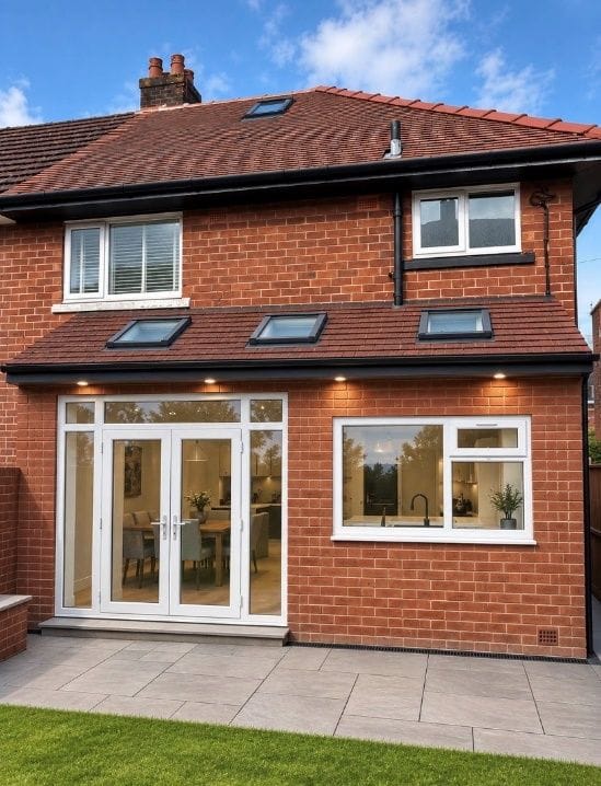 Design visualisation of the proposed brick rear extension with rooflights and French doors