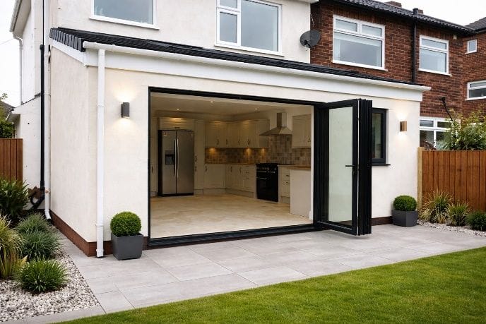 The completed rendered rear extension with bi-fold doors