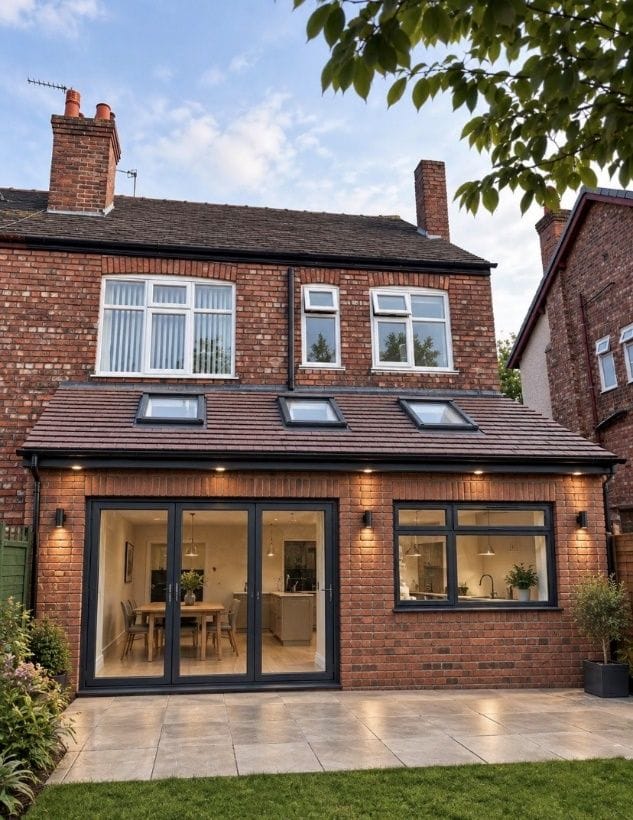 Design visualisation of a full-width mono-pitched rear extension with flush rooflights