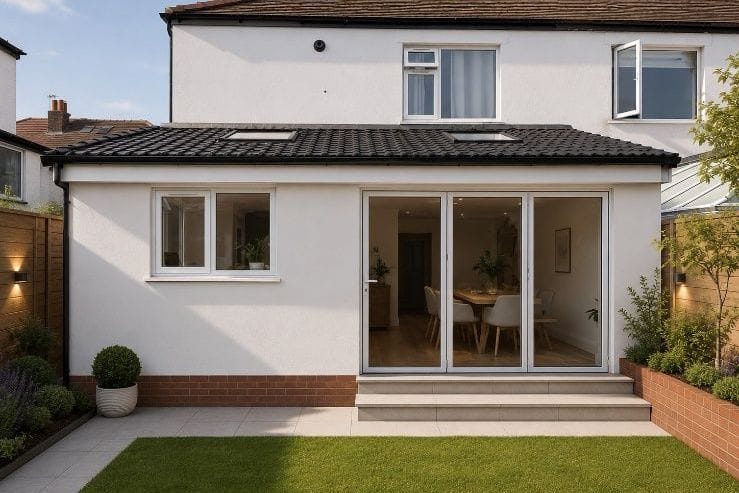 Design visualisation of a rendered single-storey rear extension with large glazed doors onto the garden